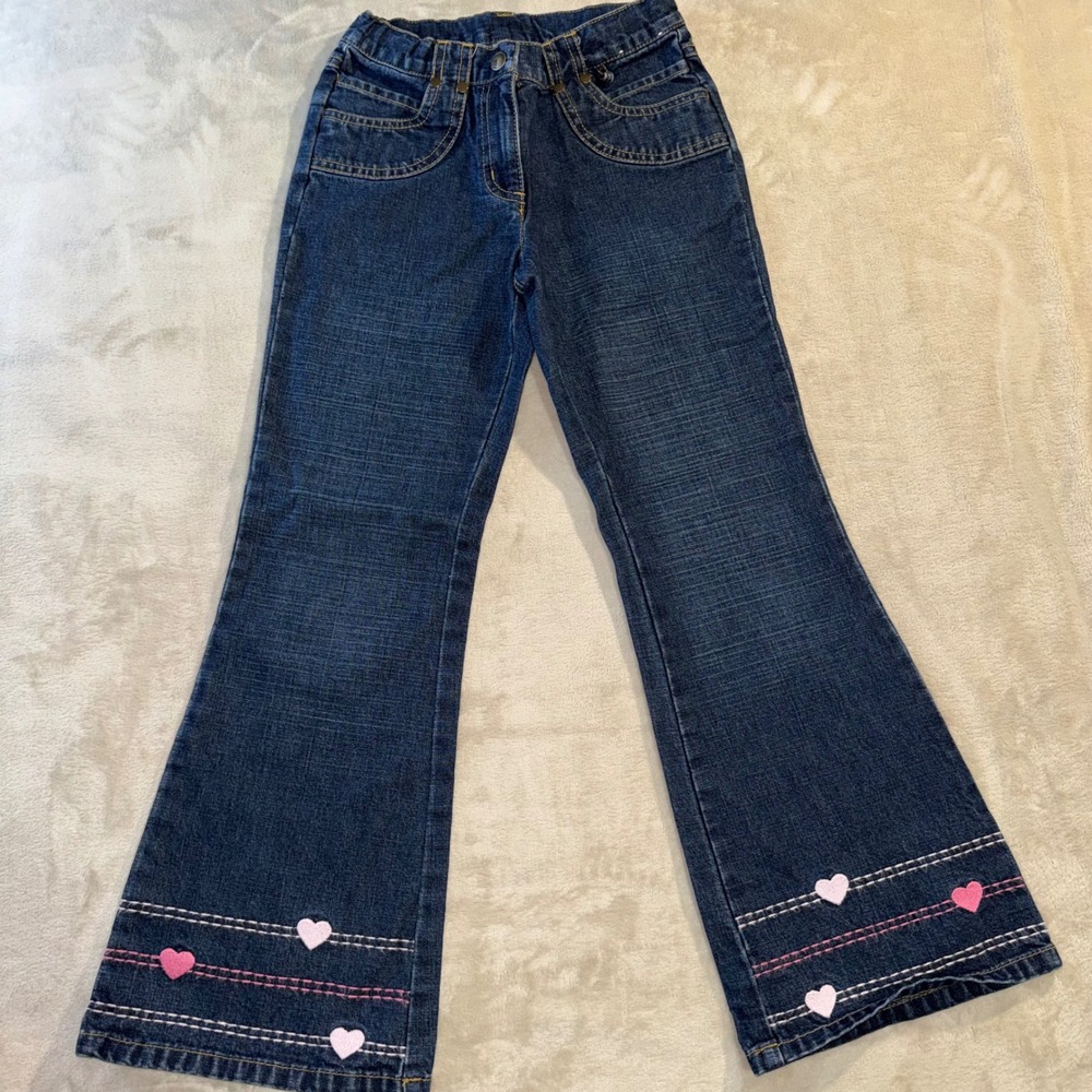 Gymboree Girls Blue Denim Heart Flare Jeans Y2K 2007 Vintage Dark Wash Size 7
